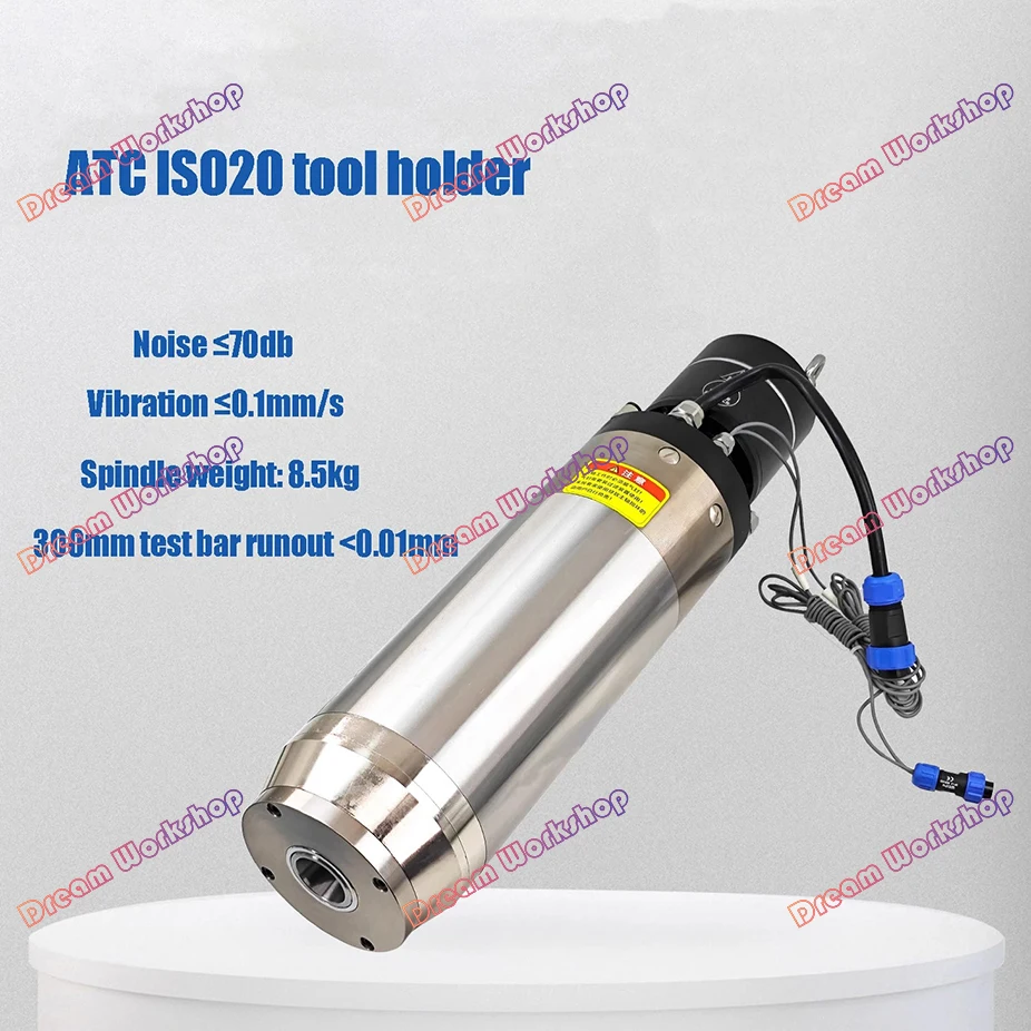 0.9NM constant torque, 2.2kw, ISO20 water-cooled automatic tool changer, 800Hz high-speed 24000rpm ATC spindle.