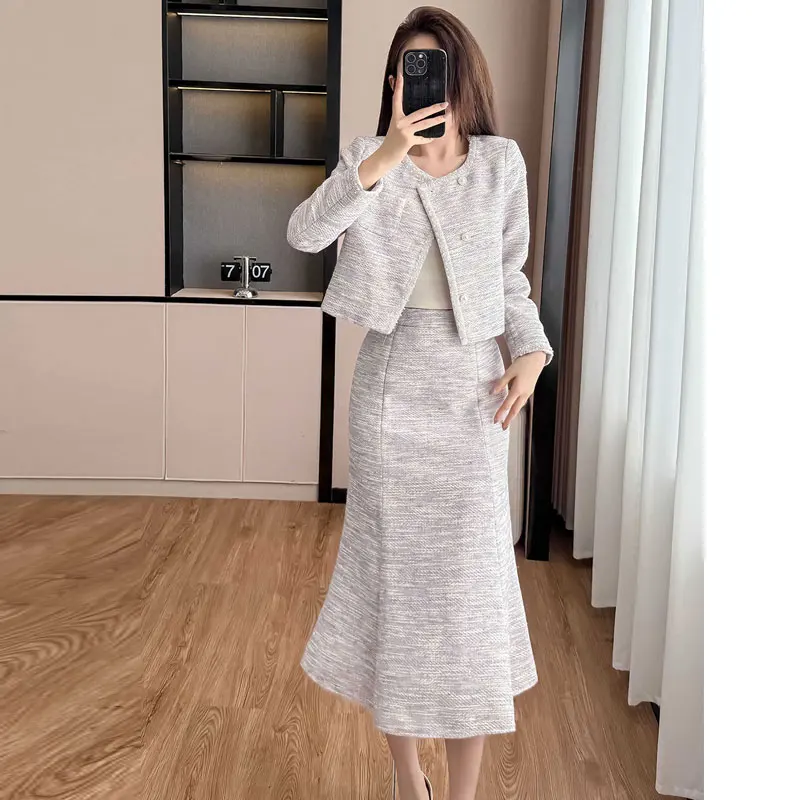 

Sweet taro purple coarse tweed 2-piece set jacket+skirt 2025 new small fragrant style autumn/winter women's clothing