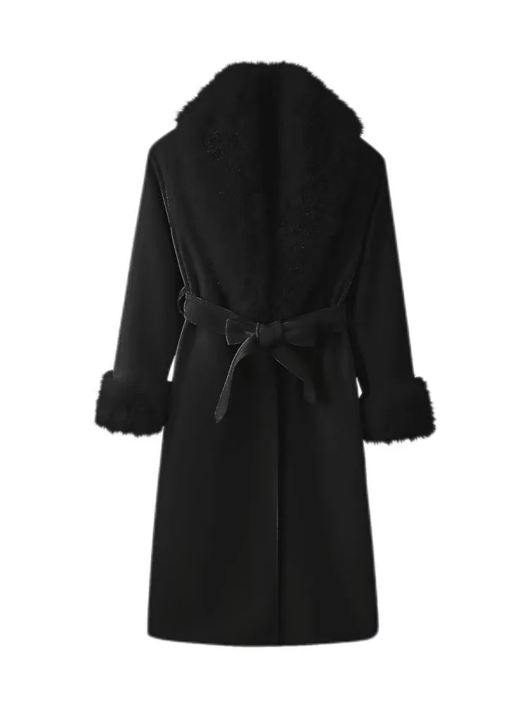 HH New Woman Winter Fashion Versatile Faux Fur Effect Lapel Long Sleeves Belt Long Coat Female Casual Commuting Long Overcoat