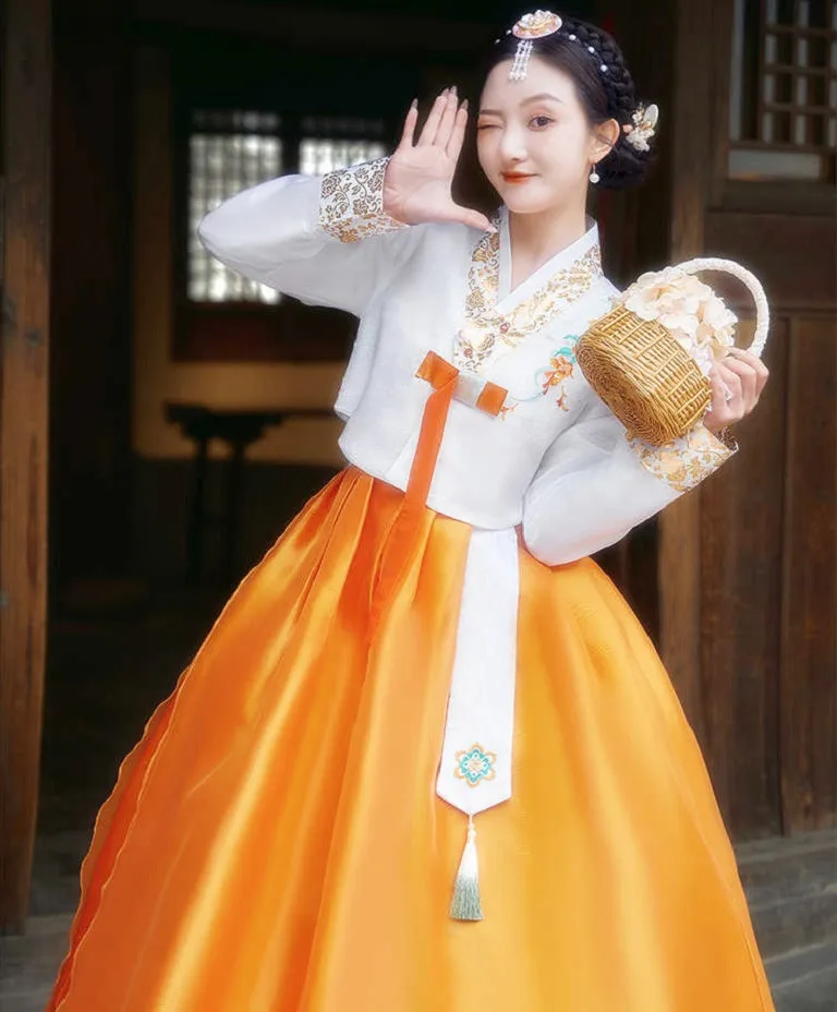 

Traditional Palace Ladies Korean Costume Tour Chorus Long Style Two Piece Ethnic Hanbok Performance Tops Set in OrientTown FE036