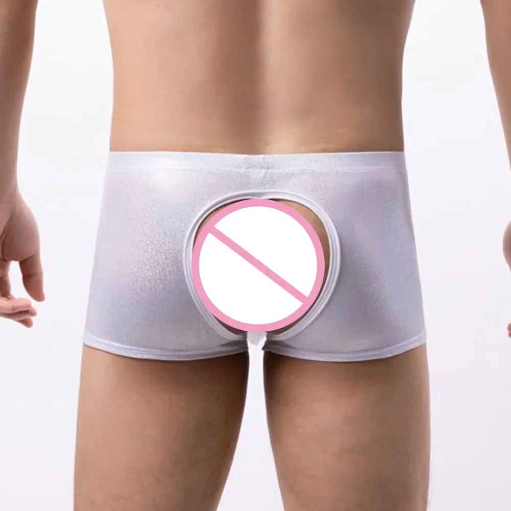 Sexy Men Boxer Stretch Soft Briefs Shiny Panties Low Rise Hollow Out Gay Sissy Bulge Pouch Underwear Open Exposed Butt Lingerie