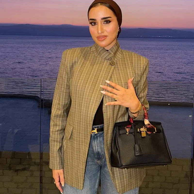 Women Autumn Long Sleeve Outerwear Stand Collar Single Button Plaid Blazer Coats 2026 Casual Office Lady Formal jacket women