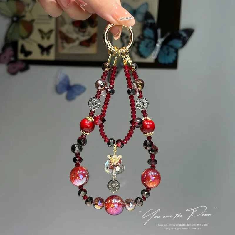 

Luxury Red Crystal Phone Chain Anti-Lost Hanging Strap Multifunctional Bag Pendant For Fits all phone case models Accessories