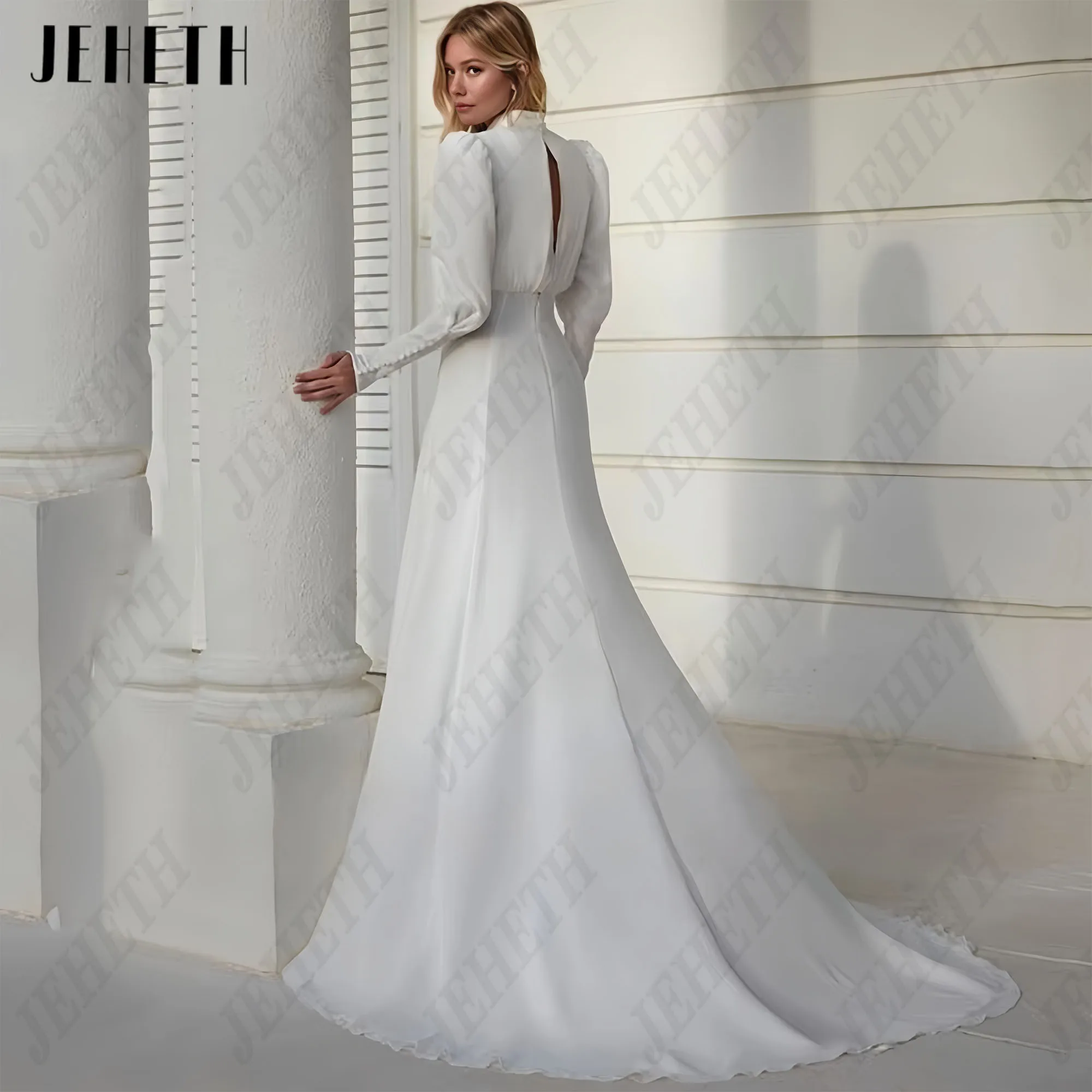 JEHETH High Neck White Chiffon Wedding Dresses Women Long Lantern Sleeve Pleats Sheath Bride Gown Button Sweep Train Customized