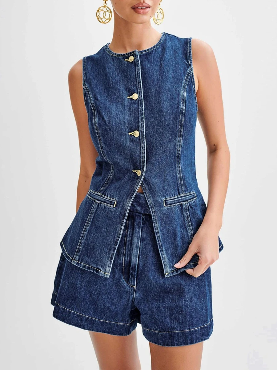 Women\'s 2 Piece Denim Outfits Sleeveless Button Up Tank Tops Solid Color Shorts Sets