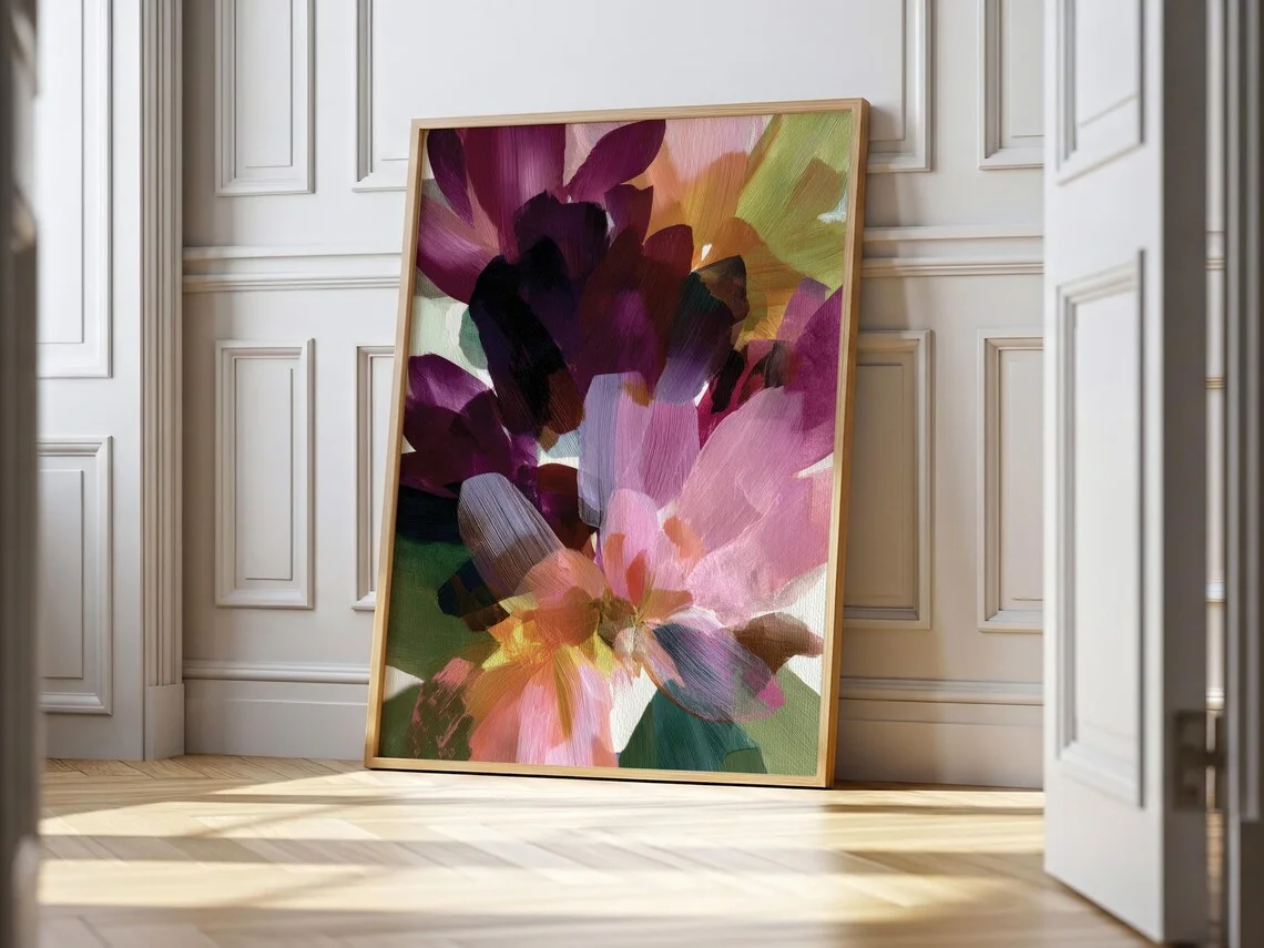 Modern Abstract Floral Wall Print Decor - Bold Impasto Oil Painting of Lush, Layered Flowers in Rich Plum, Blush Pink, Gold, and