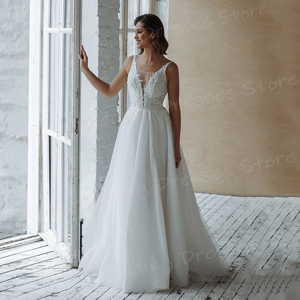 Sexy elegante scollo A V una linea abiti da sposa da donna affascinanti Appliques abiti da sposa in pizzo nuovi abiti senza schienale senza maniche De Novia