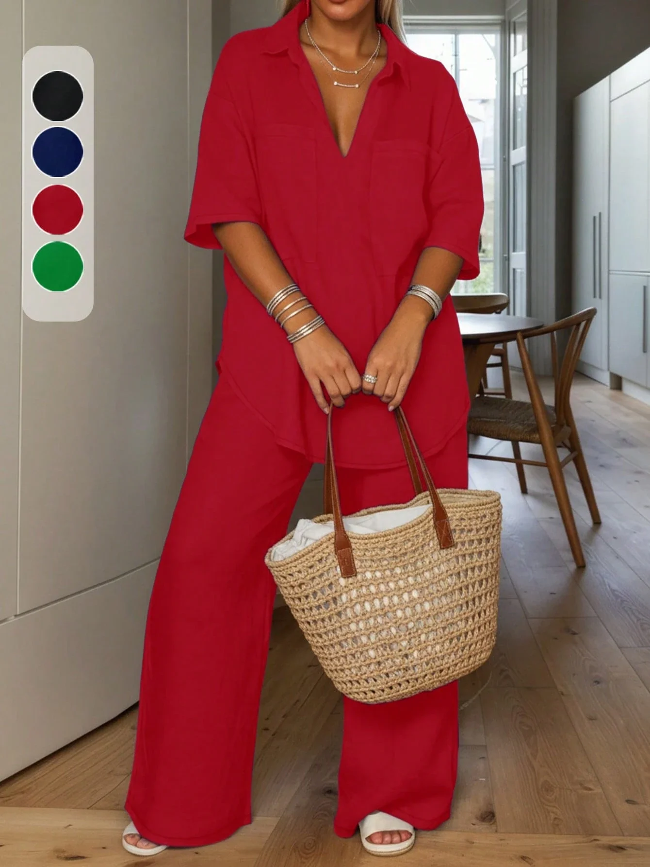 

Plus Size Solid Color 2 Piece Set Loose Casual Notched Collar Pocket Top Wide Leg Pants Summer