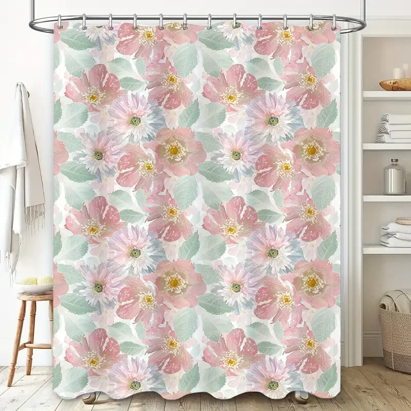 

Нежная занавеска для душа с розовым цветком: декоративная подкладка для ванной комнаты из полиэстера в современном стиле с принтом и крючком (белая ванна)