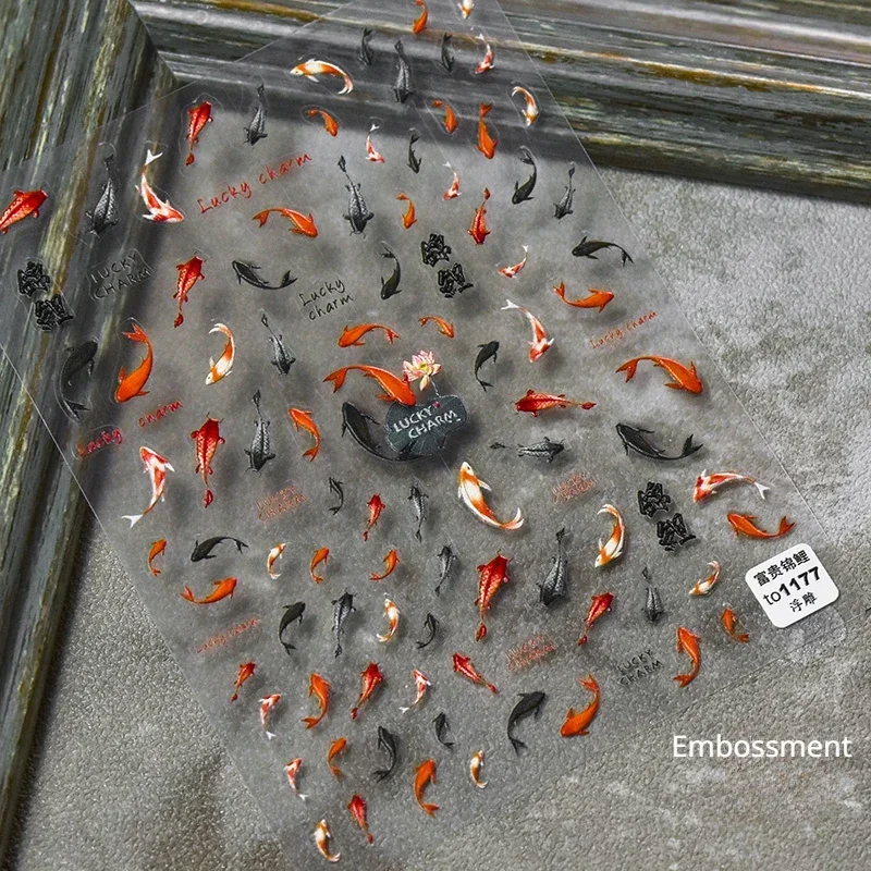 Ocean Goldfish Carp Koi Cute Fish Water Bubbles Sparkling Ripples 5D Nail Art Stickers Embossed Relief Adhesive Manicure Decals