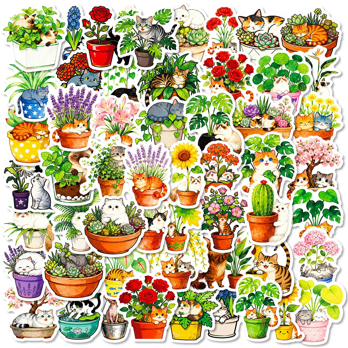 

56PCS Plant Potted and Cat PVC Sticky Sticker Stationery DIY Notebook Suitcase Guitar Phone Decals Toy