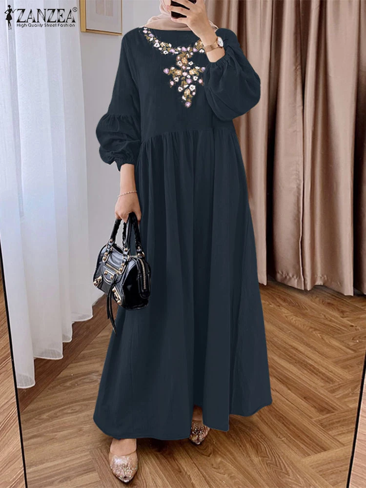 

Fashion Women Long Sleeve Muslim Dresses Abaya 2025 ZANZEA Ramadan Hijab Vestido Kaftan Vintage Embroidery Sundress IsIamic Robe