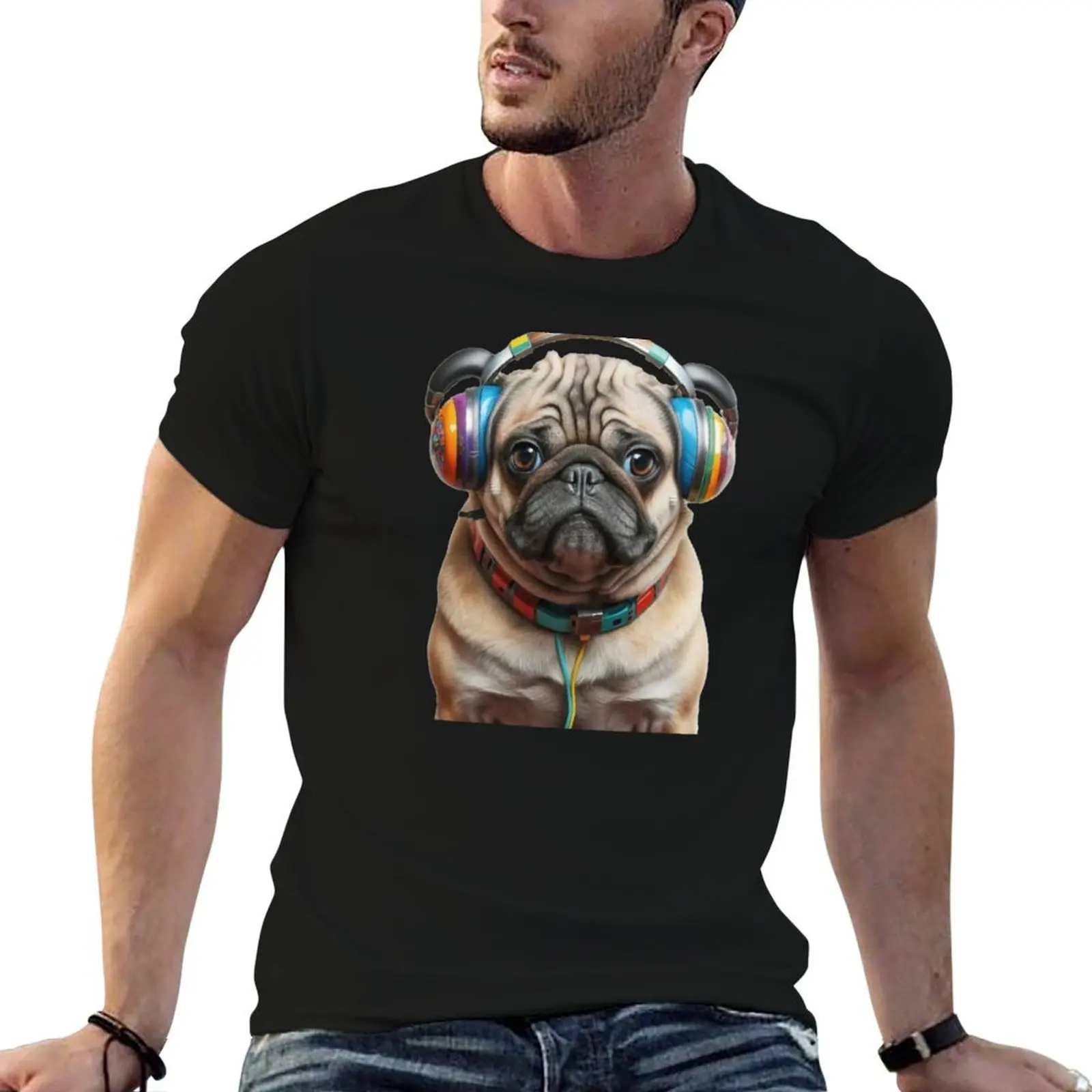 

pug puppy listening to music T-Shirt man tshirt t shirt personalised T-Shirt