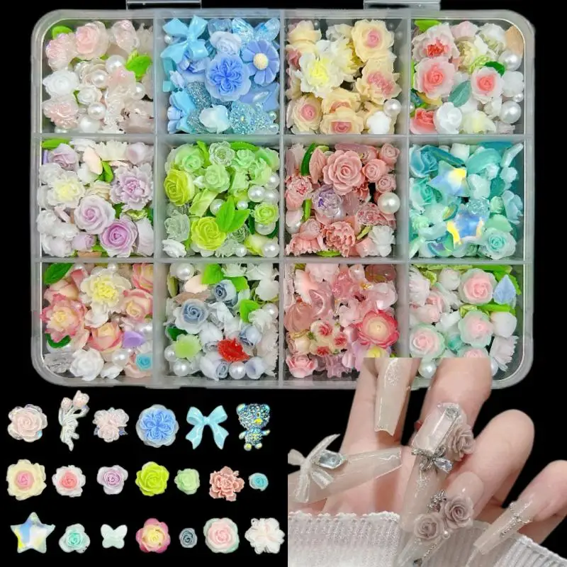 1Box Dopamine Colored Flowers Bows Nail Art Decorations Mini Simulated Pearl Leaf Mixed Resin Nail Charms for DIY Fresh Nails