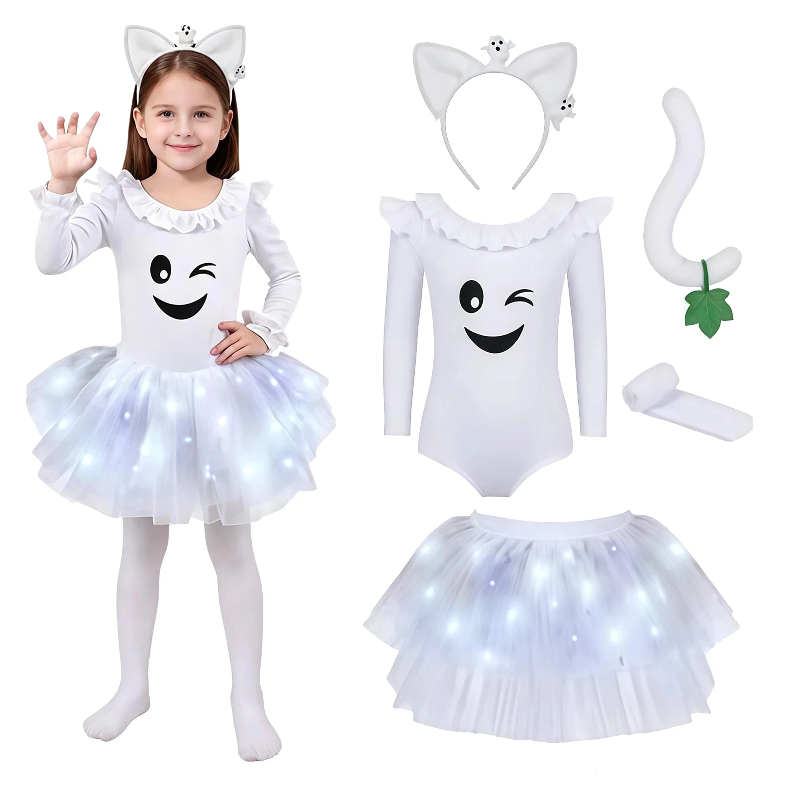 Girls Animal Cosplay Costume Halloween Orange Pumpkin Outfit Long Sleeve Bodysuit with Mesh Ruffle Tutu Skirt Headwear Tail Suit view 5