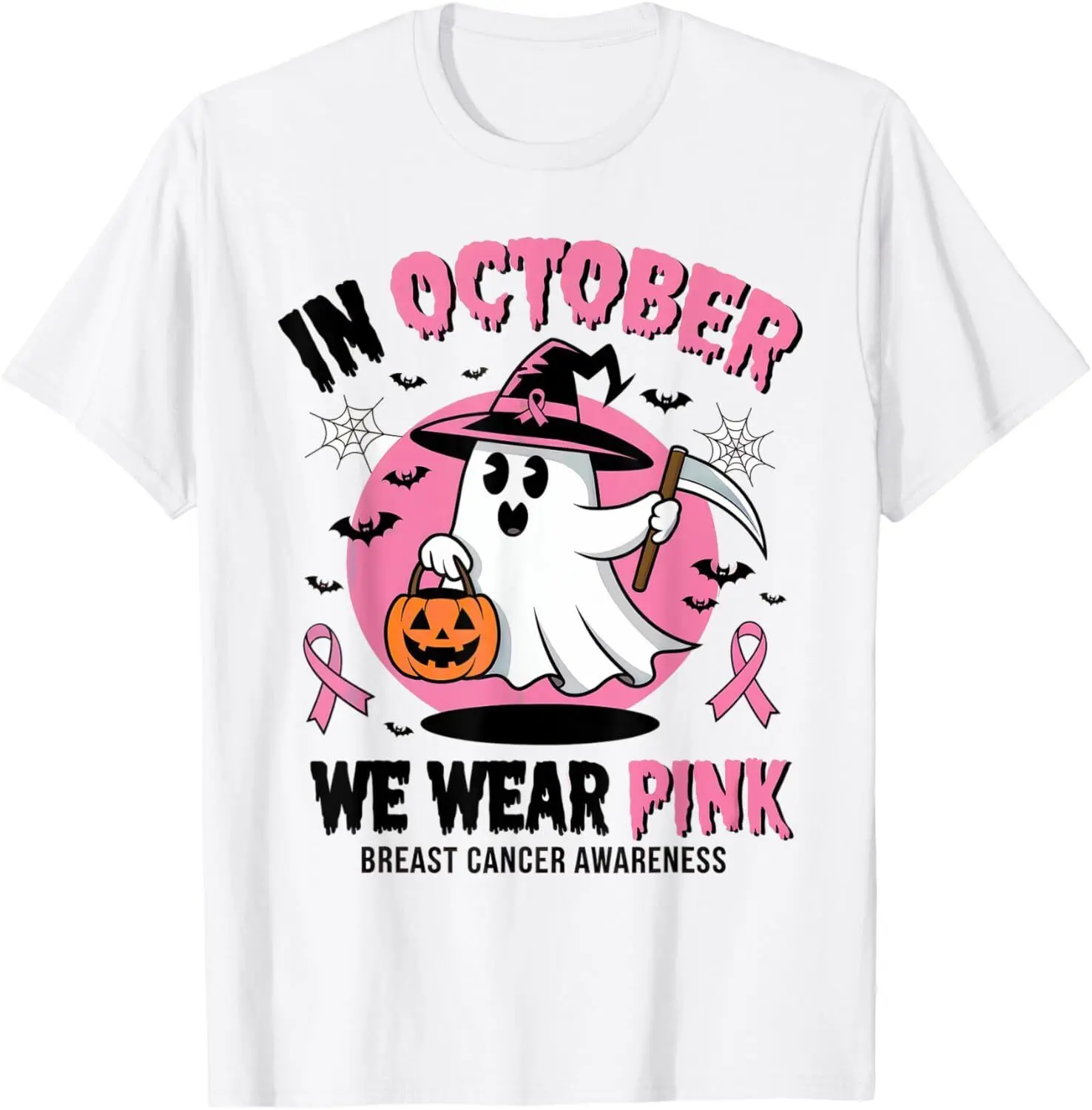 In October We Wear Pink Ghost Witch Breast Cancer Awareness T-Shirt S-5XL