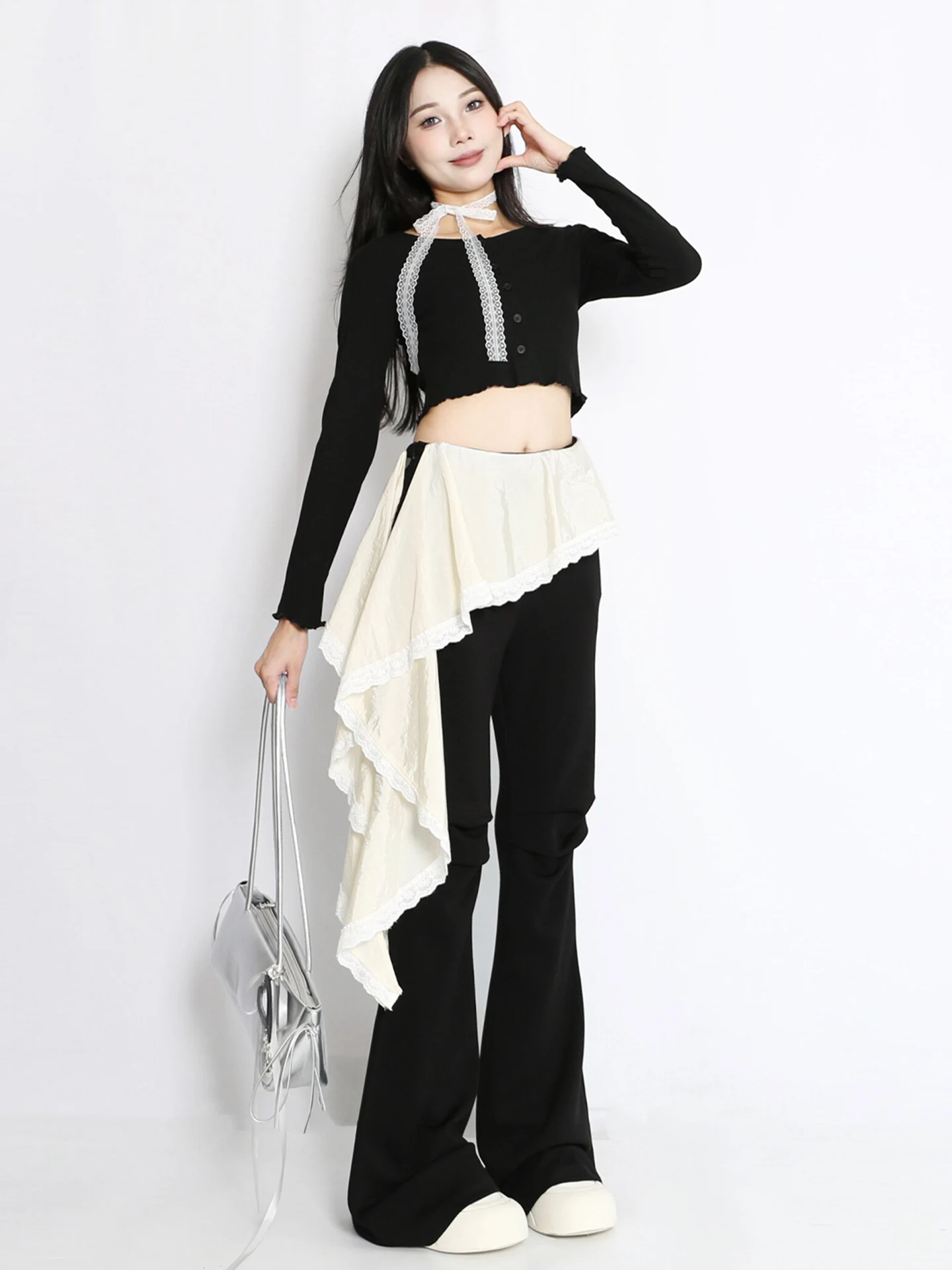 Bot de campana adelgazante de cintura alta con diseño de encaje, pantalones informales a la moda para niñas, piernas micro acampanadas, cierre de cremallera de fibra de poliéster