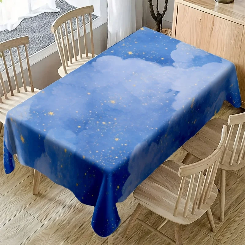 Blue Cloud Star Tablecloth, Gradient Blue Base With Shining Star Pattern, Rectangular Table Cover for Kids Room Tabletop Decor