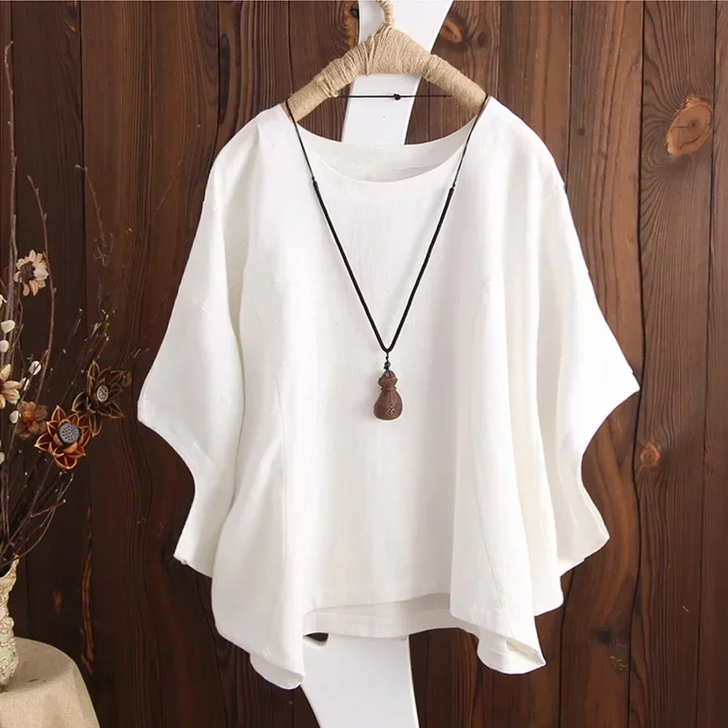 Cotton Linen Shirts Women Casual Solid Blouses Shirts Loose Tops Tunic Blusas Oversized T-Shirt Blouse Women Short Sleeve Shirt