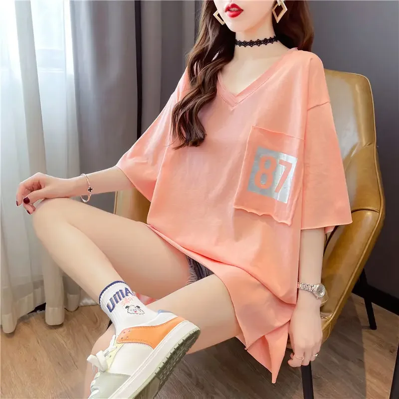 DAYIFUN Mid Length V-neck T-shirt Women Summer Short Sleeve Oversized Digital Printing Tee with Pockets Korean Casual Design Top