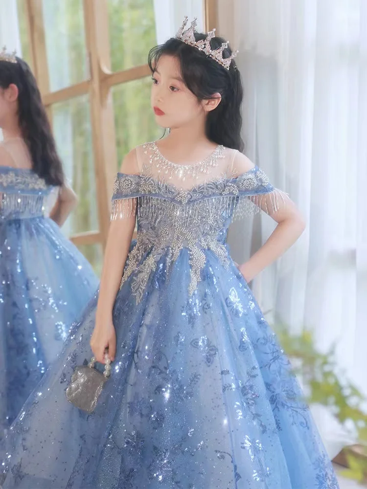 Kid Wedding Dresses for Girls Elegant Blue Lace Flower Girl Princess Long Gown Kids Christmas Dress Evening Prom Party Vestidos