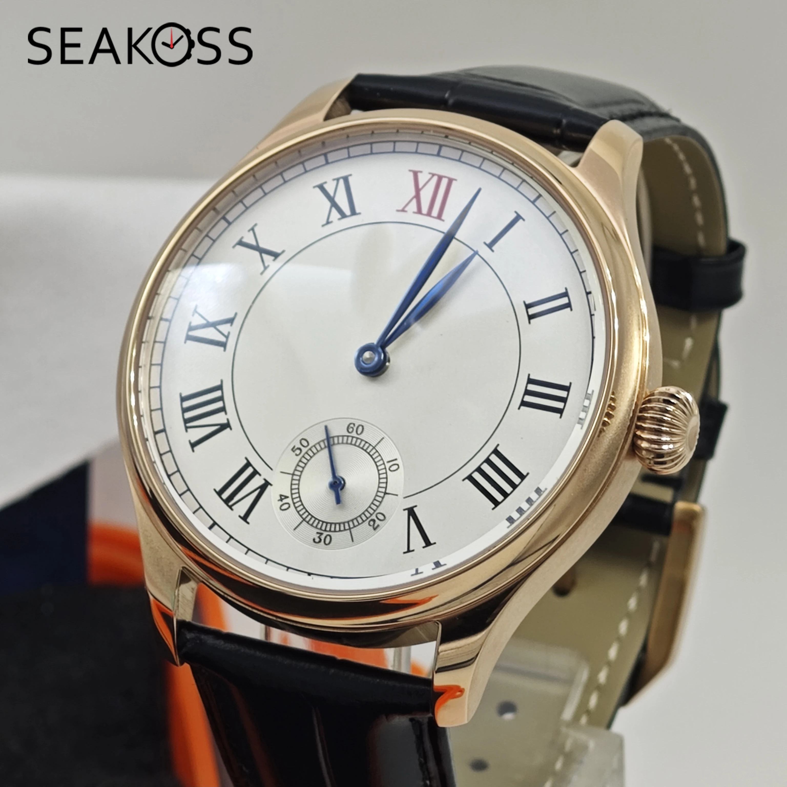SEAKOSS 44mm Classic Pilot Seagull ST3621 Wristwatch ETA6498 Handrolled Mechanical Movement Men's Watch 6-point Second Disk