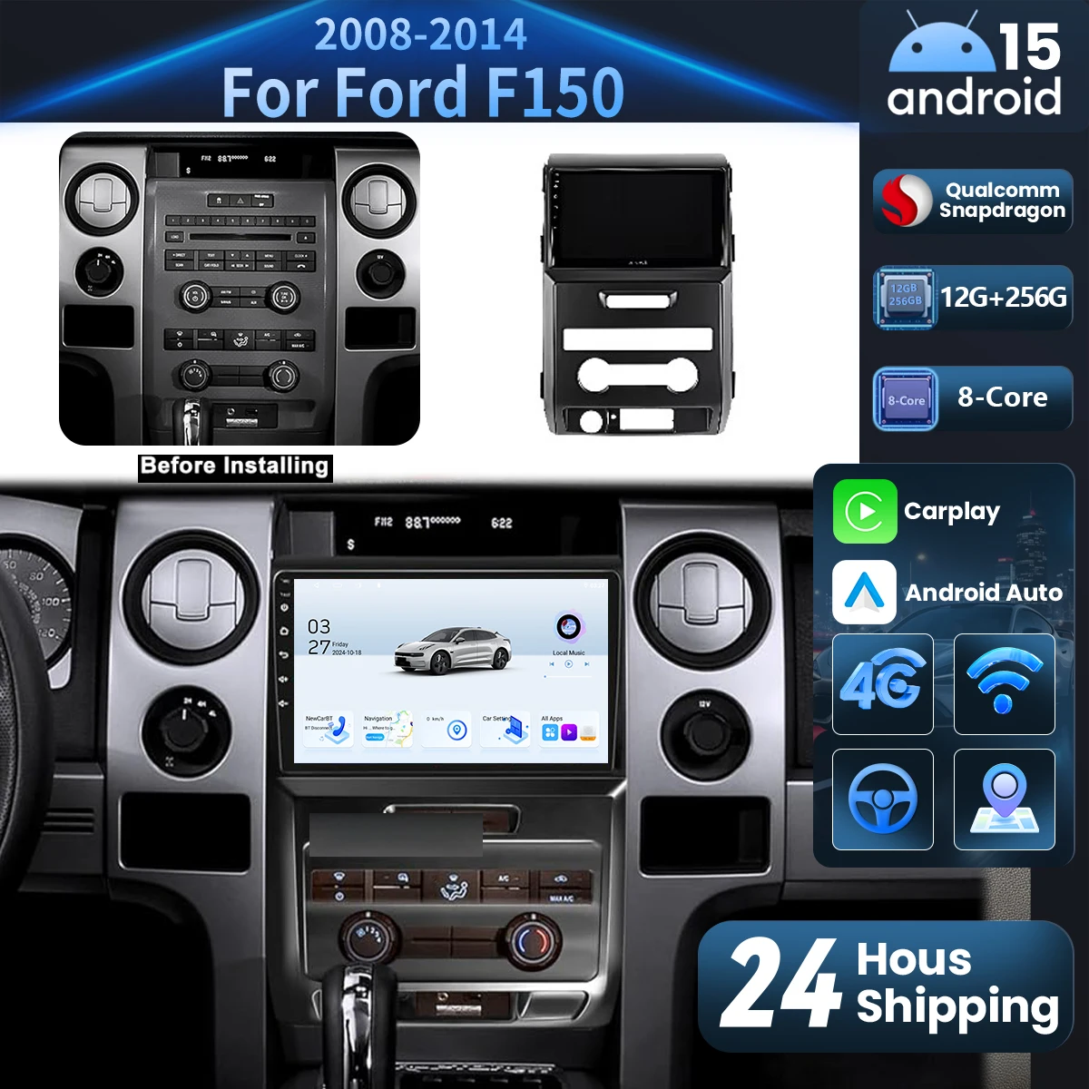 أندرويد 15 Carplay راديو السيارة التلقائي مشغل وسائط متعددة لفورد F150 P415 رابتور 2008 - 2014 E53 X5 M5 كوالكوم سنابدراجون واي فاي 4G