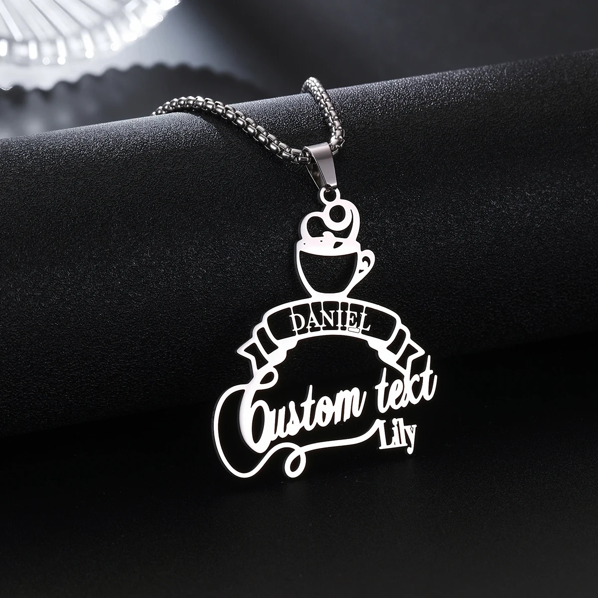 

Customized Personalized Coffee Cup Name Necklace For Women Men Stainless Steel Hollow out Flower Pattern Pendant Jewelry Gift