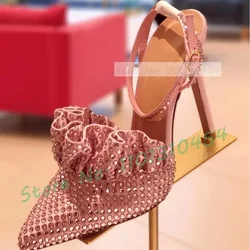 Crystal Ruffles Pointy Sandals For Women Sparkly Outfit High Heels Evening Shoes Ladies Summer Bling Party Pink Satin Sandals