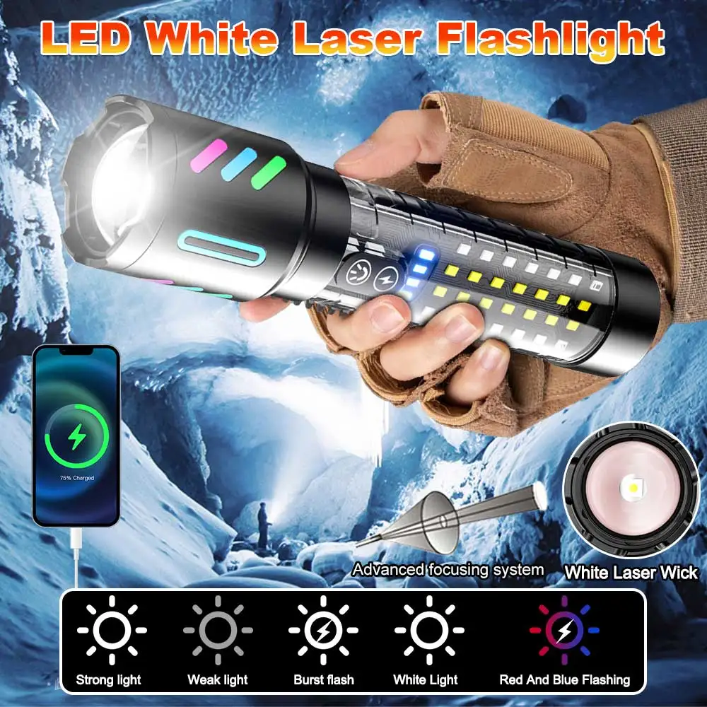 LED Laser light beads long-distance shooting rechargeable built-in battery flashlight with fluorescent strip red blue flashlight