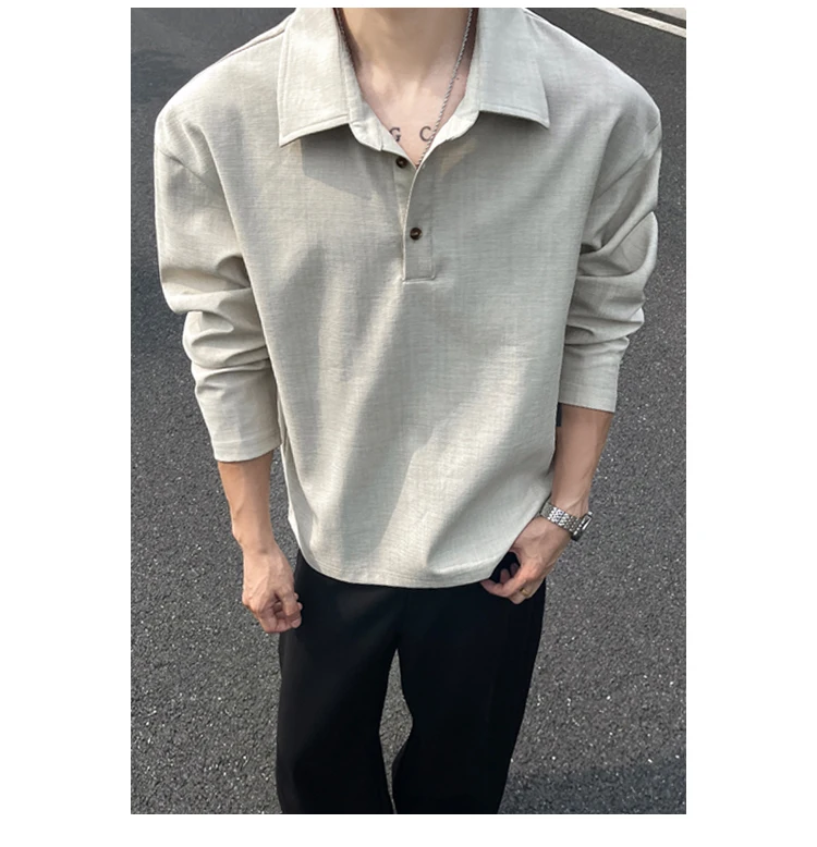 Herren Heather Slub Langarm-Poloshirt mit Reverskragen, teilweiser Knopfleiste und Oversized-Silhouette für den täglichen Gebrauch auf der Straße und auf Reisen. – Detail 13