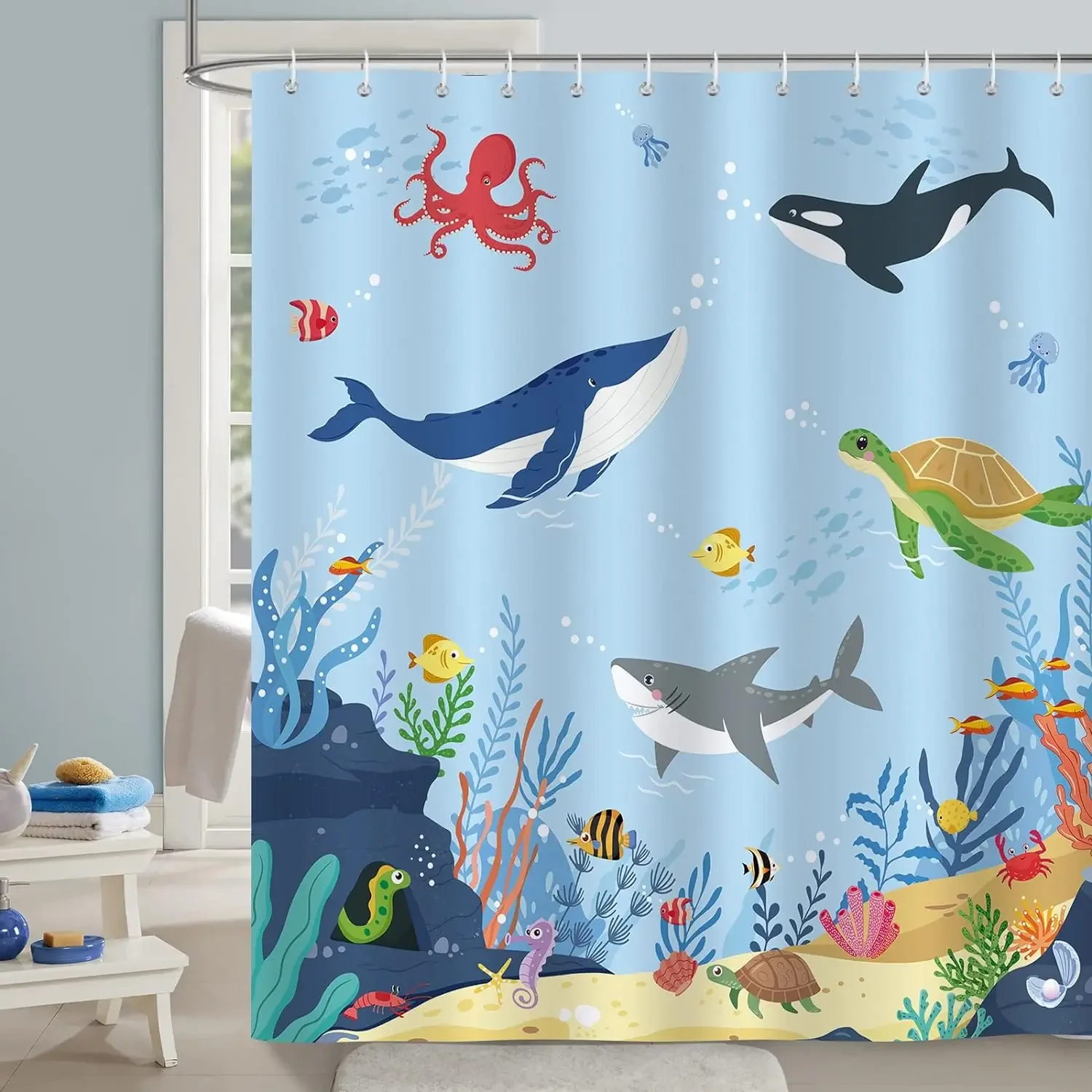 Ocean Shower Curtain for Kids Under The Sea Dolphin Fish Blue Decorative Bath Curtain Polyester Fabric Washable Bathroom Curtain