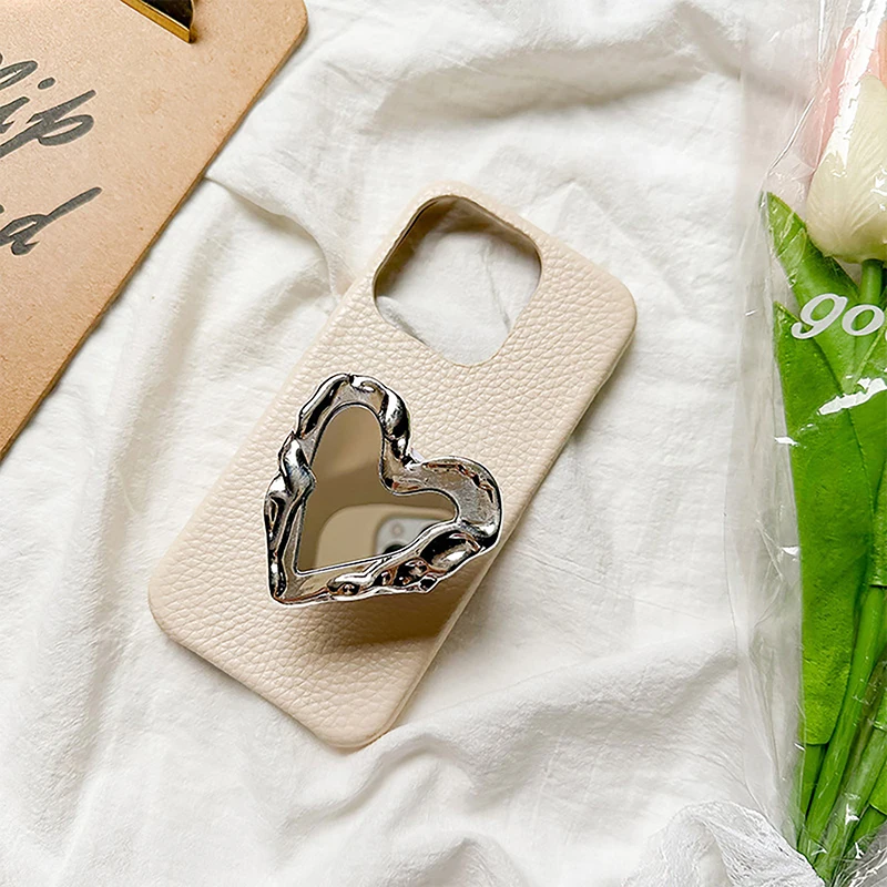 INS Korea Silver Heart Grip Tok Mirror Luxurious Finger Ring Holder Mobile Stand Cellphone Support Smart phone Accessories