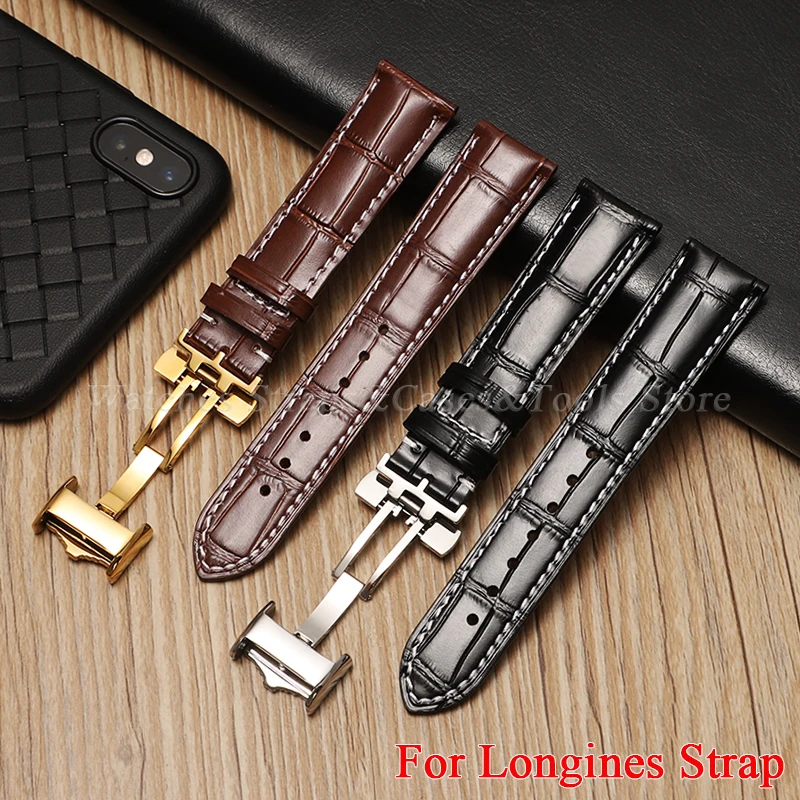 For Longines Watch Strap Cowhide Leather Butterfly Double Push Buckle Watchband 13/14mm 16mm 18mm 19mm 20mm 21mm 22mm Wristband