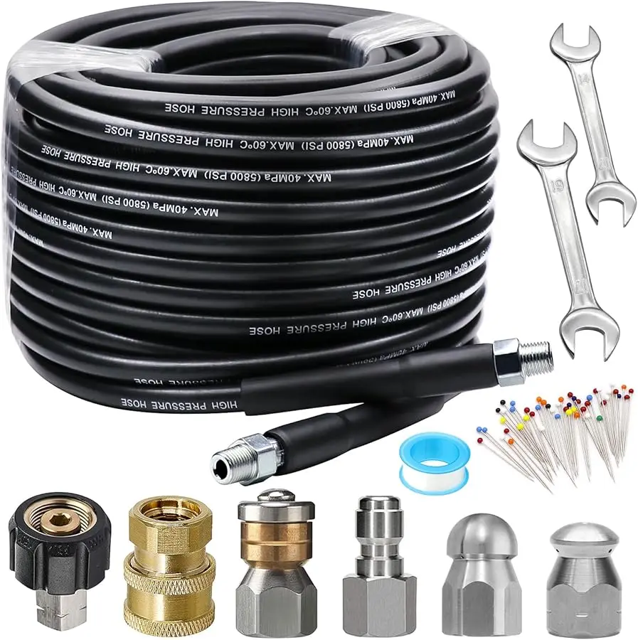 

Sewer Jetter Kit 100FT for Pressure Washer, 5800PSI Drain Cleaner Hose 1/4 Inch NPT Corner Rotating and Button Nose Sewer Jettin