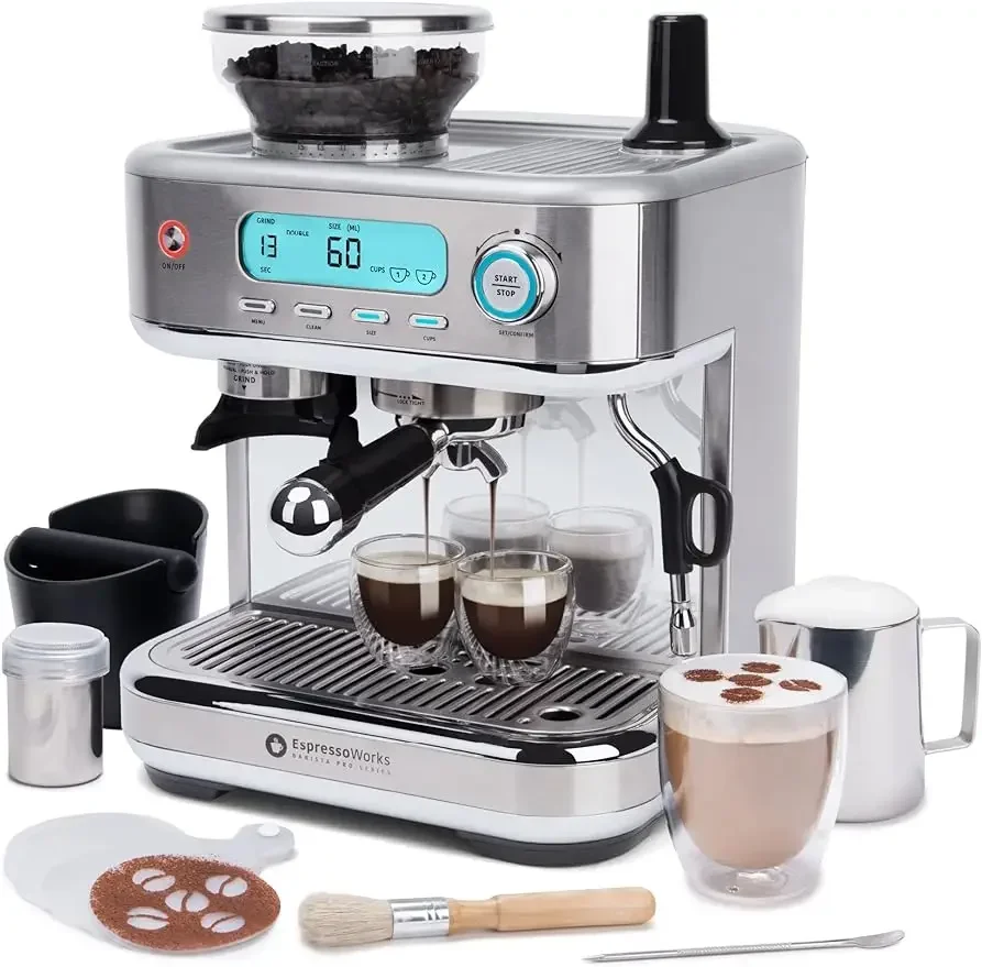 Espresso Machine with Grinder, LCD Display and Steamer, Barista Pro Series,  60 Sec, 15 Bar Latte