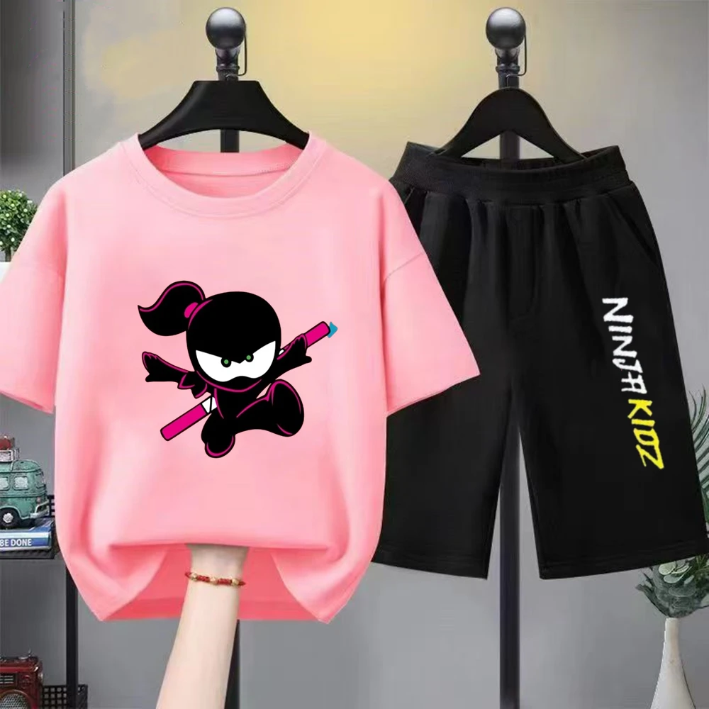 Kids Tops Summer T-Shirt Boy Girls Red Casual TShirt+Shorts Sets Ninja Printed Kids Outfits Teen Children's Short Sleeve
