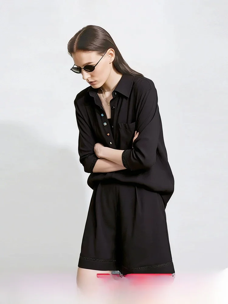 

Spring New Casual Style Loose Women's Shirt Collar Stand Collar Contrast Color Button Hollow out Lace Trim Top