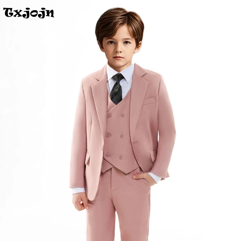 Elegante solapa con muescas para chico, fiesta de boda, invitado, traje informal rosa para niños, conjunto de 4 piezas, chaqueta, chaleco, pantalones, pajarita puesta en escena