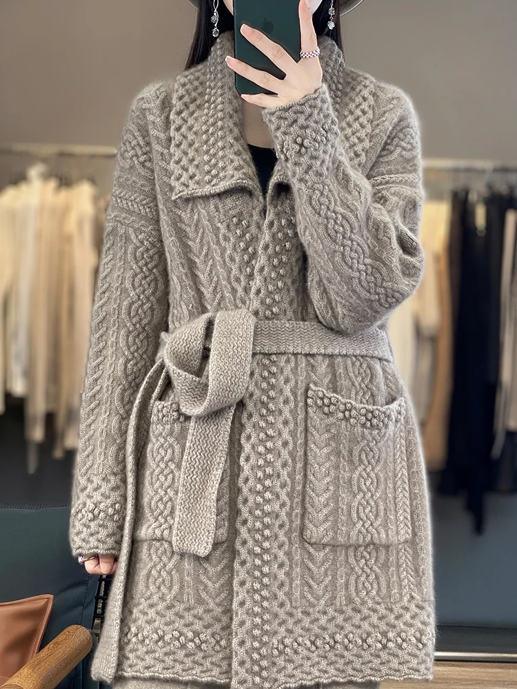 Women Autumn Winter Belt Turndown Neck Long Sleeve Cardigan Sweater Soft Grace 100% Merino Wool Knitwear Female Clothes Tops