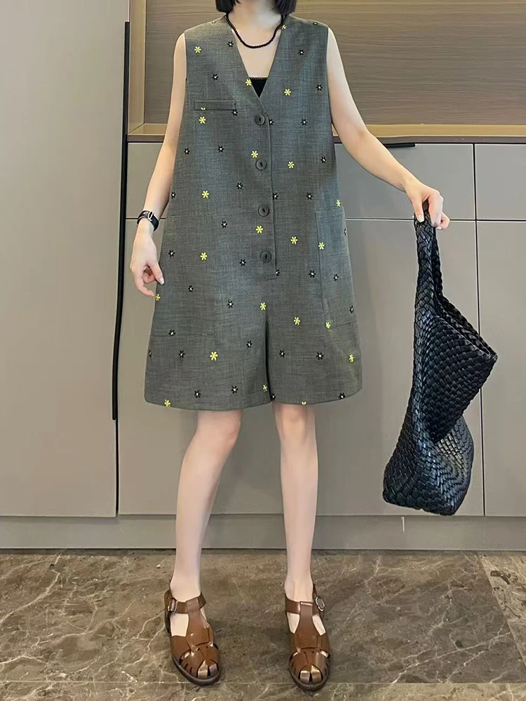 ay Contrast Stitch ort One-Piece Pants Women's Summer 2025 New Small Size Vest Jumpsuit High Waist Wide Leg ort Pants