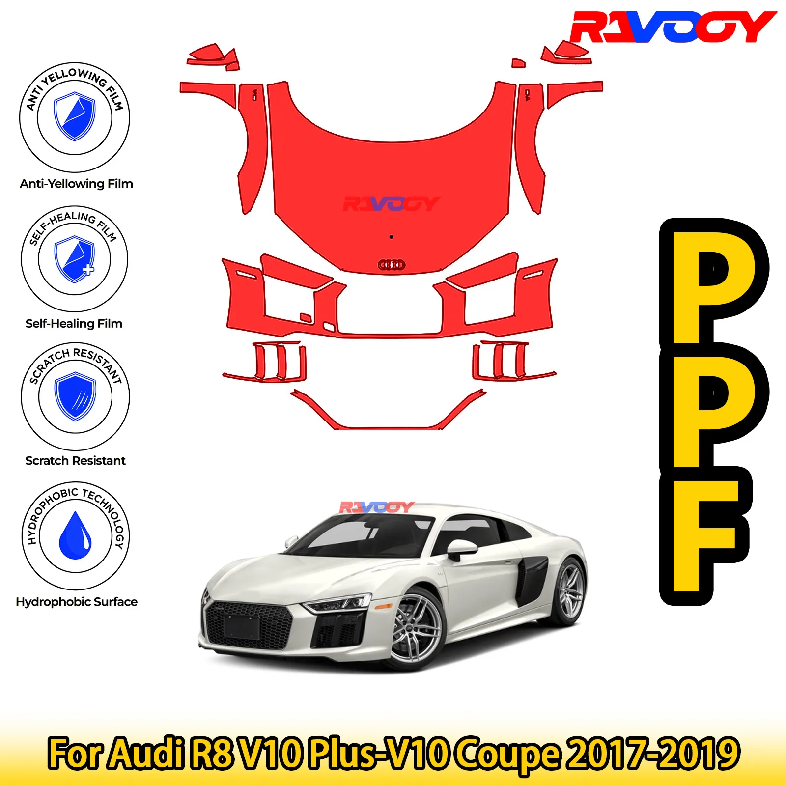 

For Audi R8 V10 Plus-V10 Coupe 2017-2019 Glossy Matte Black Precut front PPF Kit Paint Protection Film