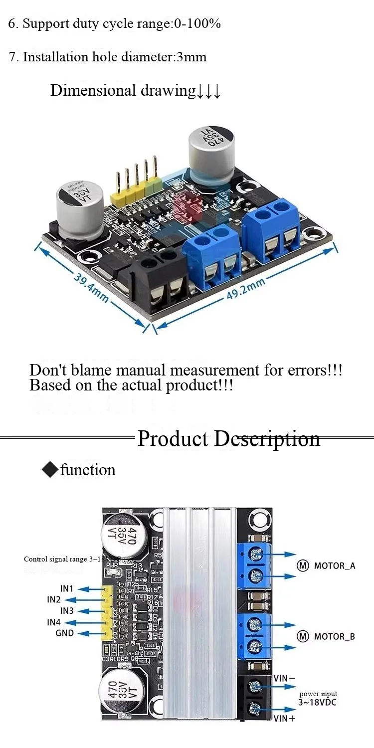 10A Dual-Channel-DC-Motor-Treibermodul, Vorwärts-/Rückwärts-PWM-Geschwindigkeitsregelung & Dimmung, 3-18V Niederspannung, hoher Strom – Detail 3