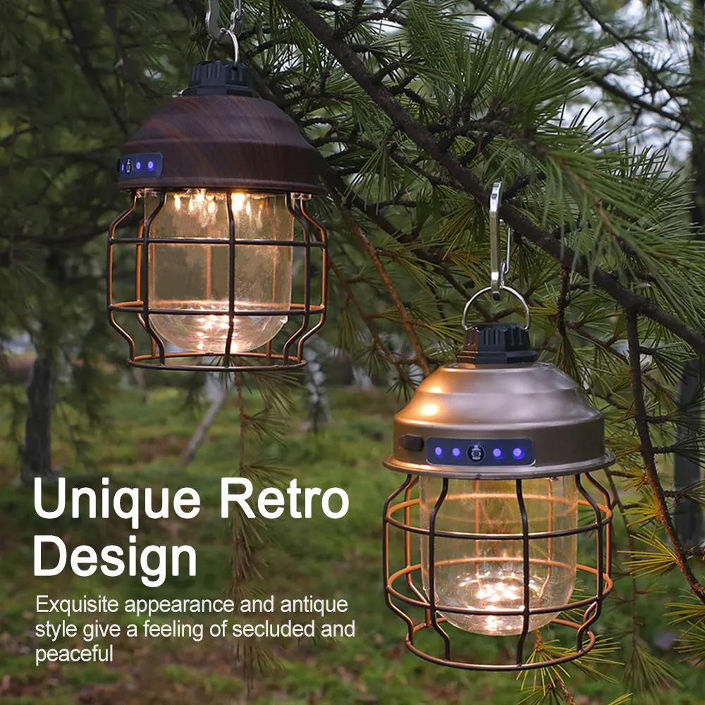 Vintage Metal Hanging Lanterns 3600mAh Battery Dimming Outdoor Retro Led Camp Lantern USB Rechargeable Lightweight Tent Light