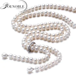 Real Pearl Necklace Long Women,925 Silver Natural Bridal Fresh water White Pearl Necklaces Wife Mother Anniversary Gift