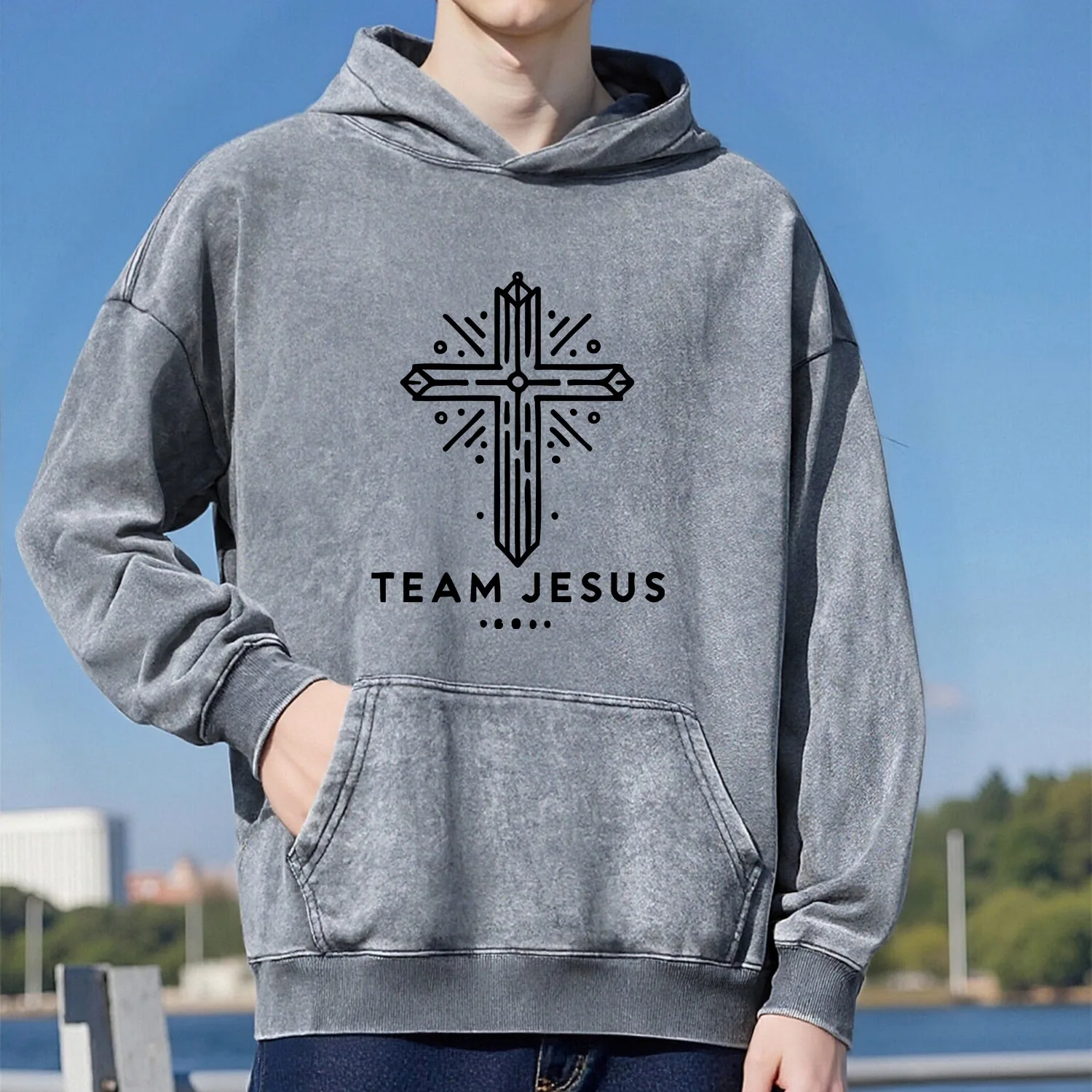 سويت شيرت بقلنسوة بنمط كروس ريترو مغسول للجنسين كاجوال بنمط رياضي مصنوع من القطن الخالص طراز الشارع 400 جرام #1