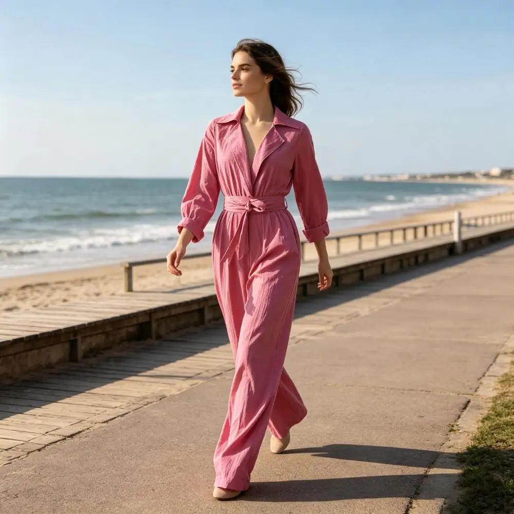 Women Loose Fitting Rompers Women V Neck Jumpsuit with Belt Collared Long Sleeve Romper Solid Color Wide Leg Pants for Fall