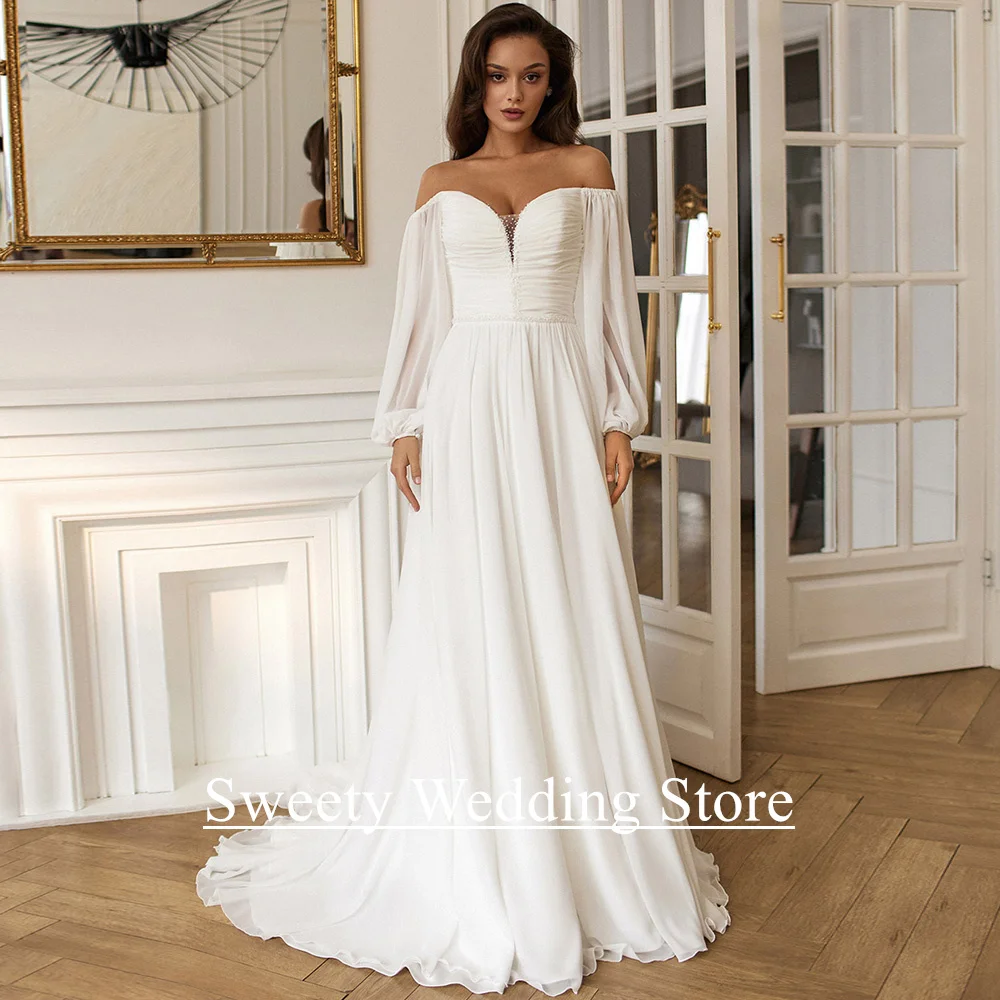 

Simple Beach Wedding Dress for Bride Customized Puff Sleeves V Neck Beading Pleat A Line Sweep Train Corset Bridal Gown