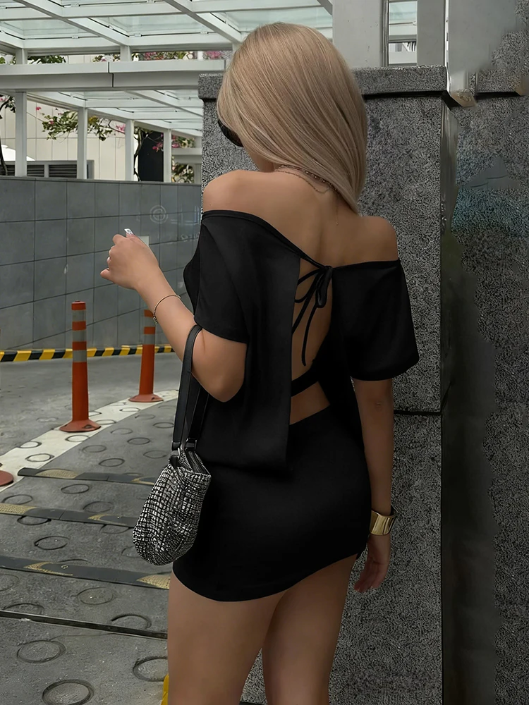 

Классический комплект из двух предметов Sisterlinda: женская футболка с вырезом на шее и открытой спиной + простая мини-юбка, шикарный элегантный модный однотонный костюм