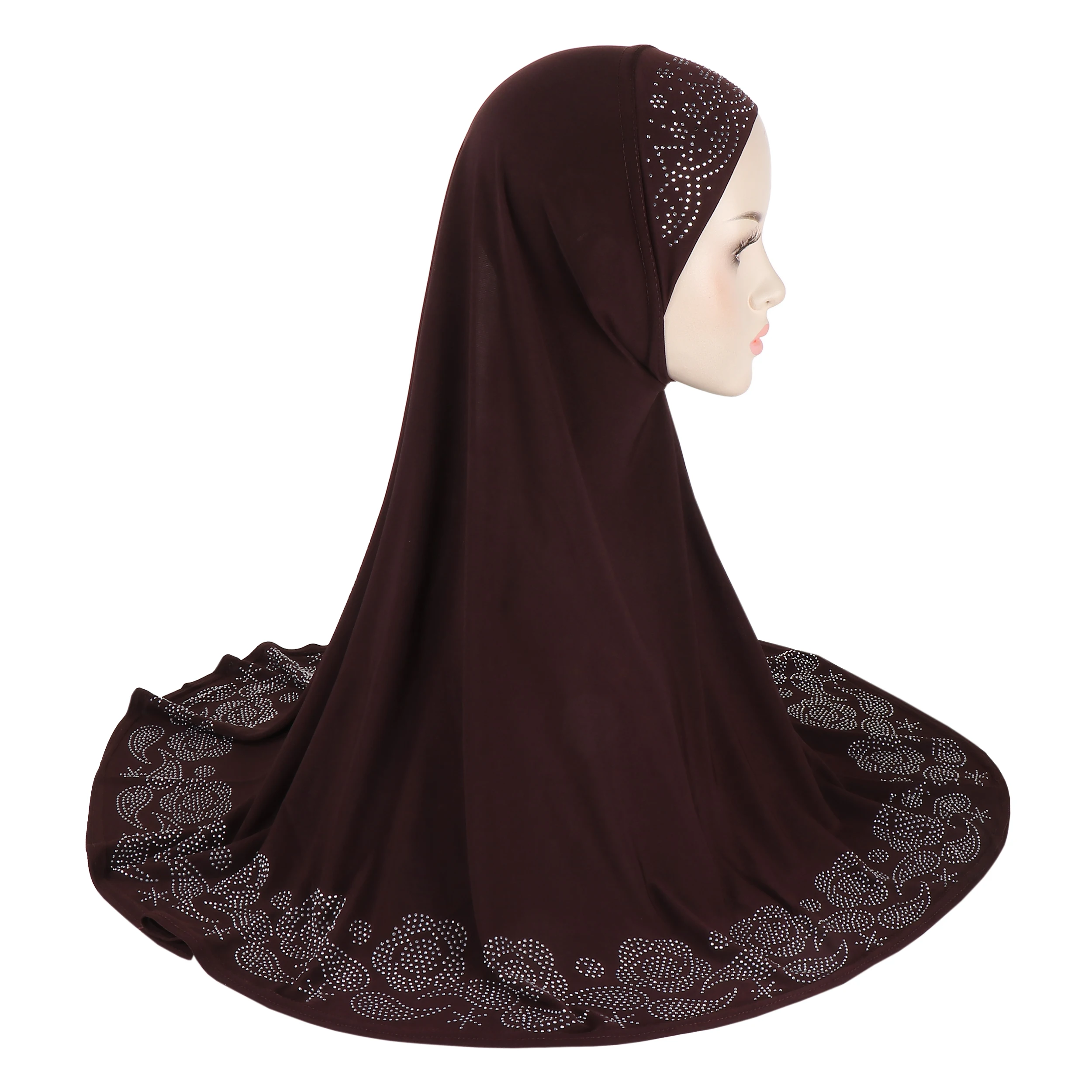 H407 Erwachsene große muslimische Hijab Schal mit Blumen Strass islamische Kopftuch Hüte Armia ziehen auf Headwrap Motorhaube – Detail 2